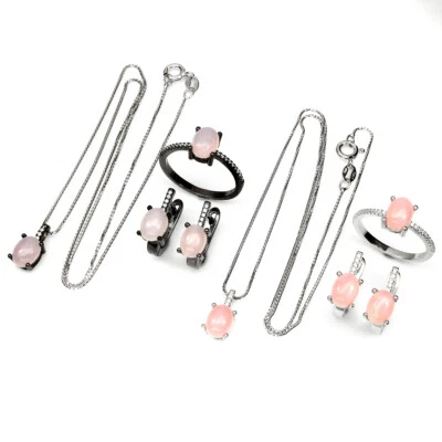 925 Sterling Silver Pink Opal Simulated Cz  Ring Earrings Necklace - Image 1 of 4