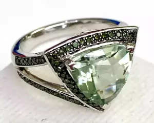 HSN Colleen Lopez Sterling Silver Trilliant Prasiolite Gem Diamond Ring Size 10 - Picture 1 of 13