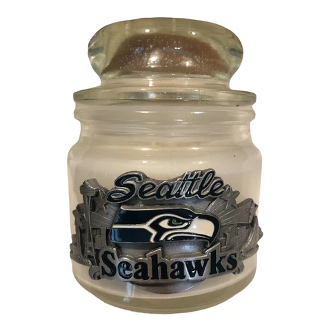 New! SEATTLE SEAHAWKS Apothecary Glass Candle With Lid, Metal Plaque NFL Cover