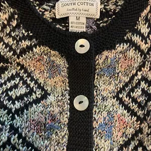 SOUTH COTTON KNITTED BY HAND GEOMETRIC Tweed BUTTON CARDIGAN WOMENS M - Picture 1 of 5