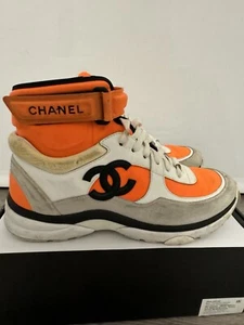 Chanel High Top Orange/White suede/leather/neoprene sneakers size 9 - Picture 1 of 10