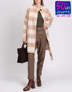 NA-KD Coat EU38 US8 UK12 L Wool Blend Beige Belted Checked Lined - Picture 1 of 9