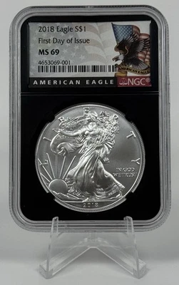 2018 American Silver Eagle MS69 NGC First Day Of Issue #001 Black Core Brilliant - Image 1 of 2