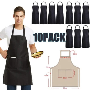 10PCS Solid Cooking Apron Kitchen Restaurant Bib Unisex Dress Black with 2Pocket - Picture 1 of 10