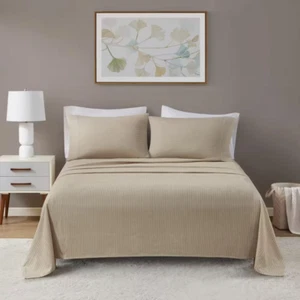 Oversized Cotton Flannel 4-Piece Beige/White Stripes Queen Sheet Set - Picture 1 of 12