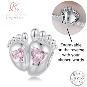 Pies de bebé grabados / huellas genuinas de plata de ley 925 y rosa - mamá hija - Imagen 1 de 6