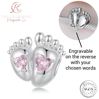Pies de bebé grabados / huellas genuinas de plata de ley 925 y rosa - mamá hija Foto 1 de 4