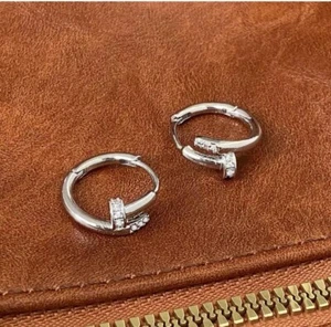 Great Quality Sterling Silver Rounded Nail Hoop Earring with CZ - Picture 1 of 3