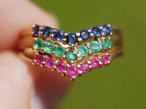 Anillo de zafiro esmeralda rubí natural vintage de oro amarillo macizo de 14 k pavimentar filas pila - Imagen 1 de 10