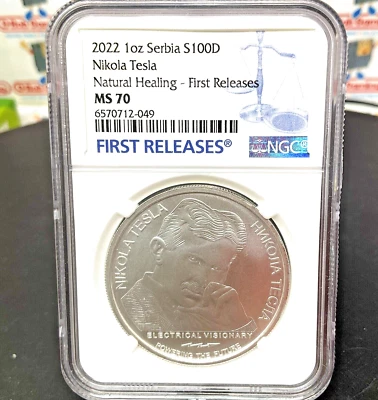 Серебряная монета Nikola Tesla Natural Healing первые выпуски MS70 1 унция 2022 Сербия NGC - Изображение 1 из 4