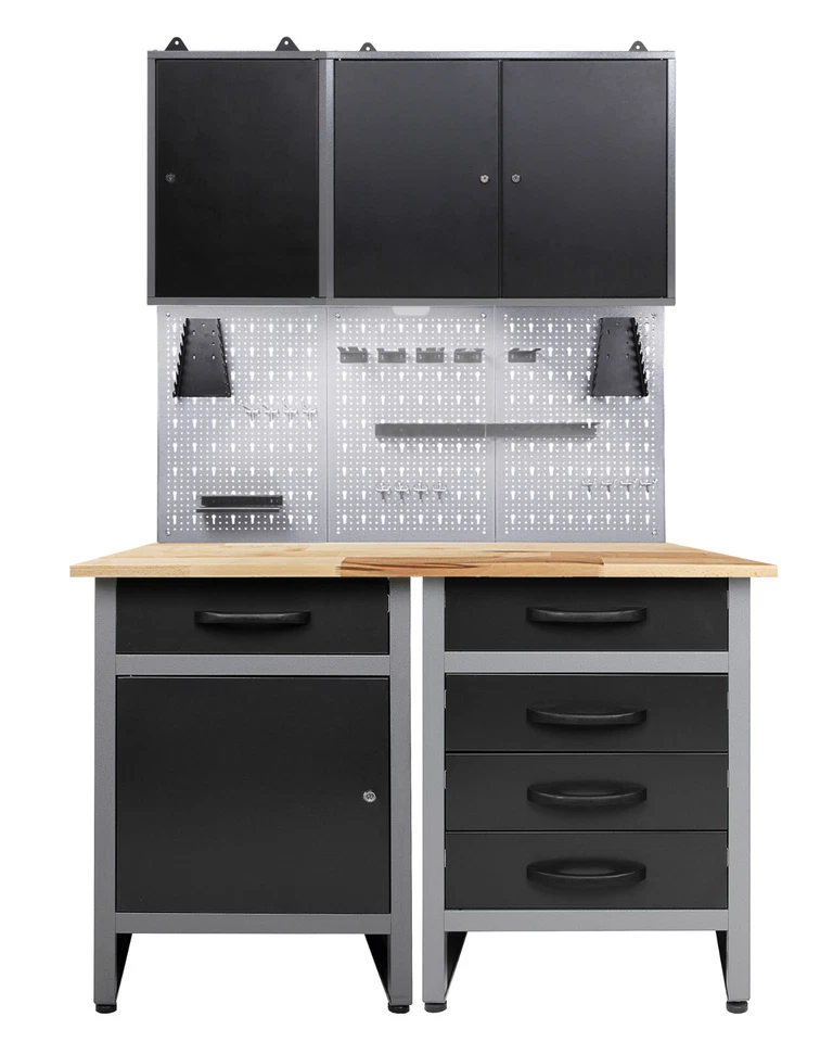 ONDIS24 Werkstatt-Set 120cm 2x Werkbank Metall 2x Werkzeugschrank Lochwand Haken mit LED