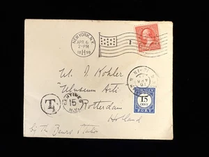 NY NEW YORK 1899 COVER #279b FLAGGENSTEMPEL + APPLIZIERT FÄLLIG, NACH HOLLAND MIT INHALT - Bild 1 von 3