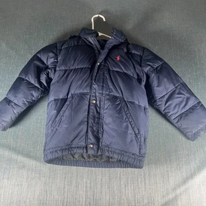 Polo Ralph Lauren Kids Puffer Jacket Size 5 Navy Blue Hooded Winter Polyester - Picture 1 of 10