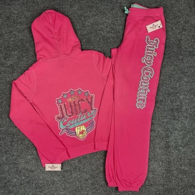 Juicy Couture 运动服 女孩 XL 粉红色闪光标志 连帽衫 慢跑者 Y2K 女式 S — 第 1/4 张图片