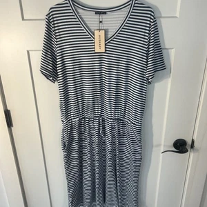 NWT Huskary XL Nautical Look Blue & White Stripe S/S Long V-Neck Dress W/Pockets - Picture 1 of 7