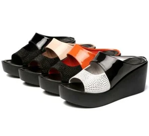 New Fashion Women Summer Slipper Sandals Wedge Heel Open Toe Patchwork Pattern - Picture 1 of 14