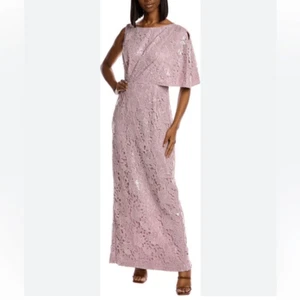 JS Collections Asymmetrical Shoulder Short Sleeve Sequin Lace Gown Size 6 - Picture 1 of 8