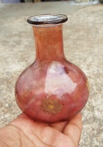 Vintage Rare Beautiful Flowers Engraved Pink Glass Vase Japan
