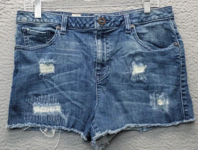 Volcom Shorts Women Size 11 Blue Denim Cut Out Stix High Rise Distressed Pockets - Image 1 of 4