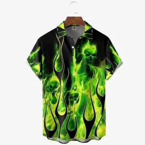 Green Devil Skull Flame Art 3D Print Mens Hawaiian Button Up Shirt Lapel Tops - Picture 1 of 2