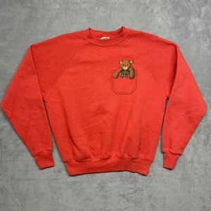 Oso bordado rojo vintage cuello redondo hecho en EE. UU. algodón poliéster - Imagen 1 de 8