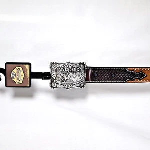Cavenders Brown Leather Western Belt Basketweave Overlay w/ Rodeo Buckle Size 28 - Picture 1 of 7