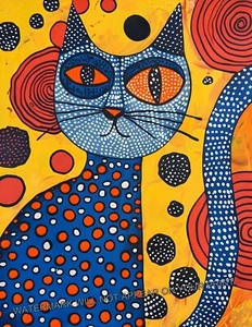 Black Cat Blue Orange Abstract Whimsical Modern Pointillism Dot Art Print 8.5X11 - Picture 1 of 2