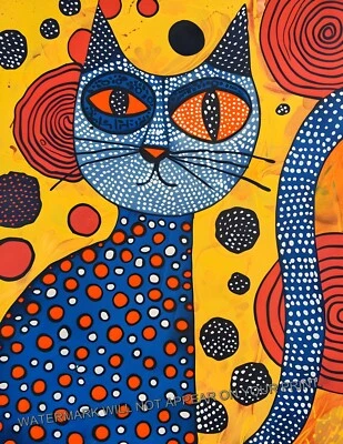 Impresión artística de punto puntillismo moderno caprichoso abstracto azul naranja gato negro 8,5X11 Foto 1 de 2