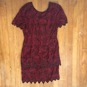 Vintage Beaded Silk Dress Womens Size Small 1990s Burgundy Red Fancy Embellished - Picture 1 of 6