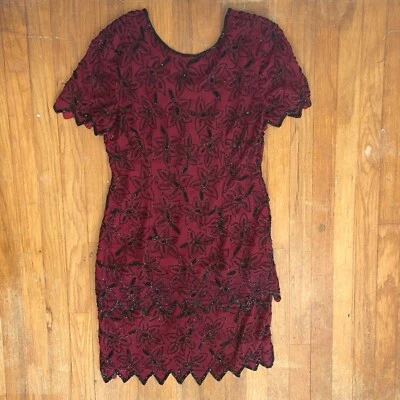 Vintage Beaded Silk Dress Womens Size Small 1990s Burgundy Red Fancy Embellished - Image 1 of 4