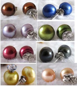 Fashion 7-8mm Natural Multicolor Freshwater Pearl 925 Silver Stud Earrings - Picture 1 of 10