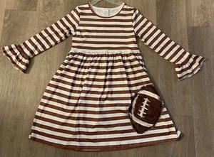 New Boutique Girl’s Size 4/5 Brown & White Striped Dress With Football On Front - Picture 1 of 8