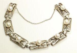 Vintage Mikimoto Japan Sterling Silver Ornate Pearl Floral Link Chain Bracelet