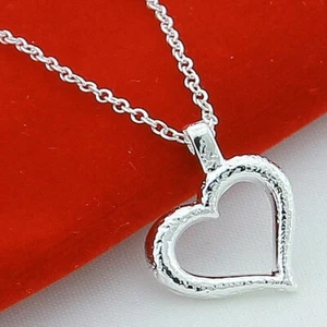 925 Sterling Silver Heart Outline Pendant Chain Necklace Women's Accessories - Picture 1 of 3