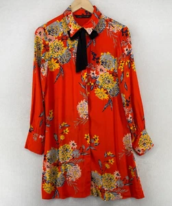 ZARA WOMAN Dress M Floral Shirtdress Tie Neck Hidden Button Long Sleeve Red - Picture 1 of 15