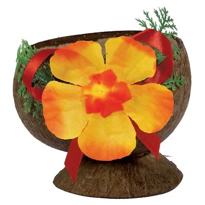Luau Party Authentic Coconut Cup on Stand w Assorted Color Flower, Brown Multi - Image 1 of 4