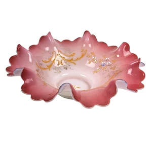 Ruffled Pink Cranberry Cased Glass Hand Painted Enamel Brides Basket Bowl - Picture 1 of 7