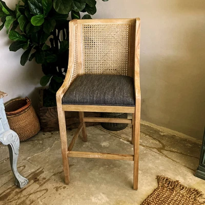 Set 2 Boho Rattan Back Bar & Counter Height  Stool, French Country Wooden Stool - Image 1 of 4