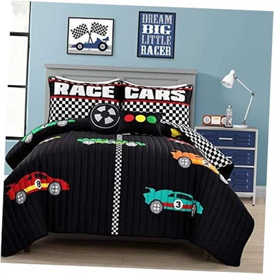  Juego de edredón reversible para coches de carreras tamaño Queen 5 completo/queen negro y multi edredón Foto 1 de 4
