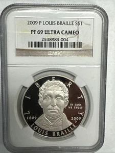 2009-P $1 Louis Braille Proof Silver Dollar NGC PF69 Ultra Cameo. - Picture 1 of 6