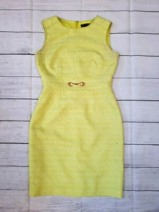Tahari Lemon Yellow sz 4 Sleeveless Tweed Shift Dress Gold Metal Waist Accent - Picture 1 of 10