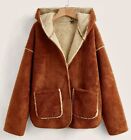 Brandnew! Drop Shoulder Patch Pocket Hooded Fleece Suede Oversized Coat, XS