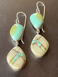 Vintage Navajo Royston Ribbon Turquoise Sterling Dangle Earrings 2” Signed KRS