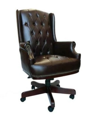 Brown Chesterfield Antique Style Office Managers Directors Desk Chair PU Leather