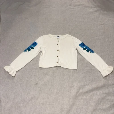 Janie and Jack Girls Cream Cardigan Sweater - Size 5 Blue Flowers 100% Cotton - Image 1 of 4