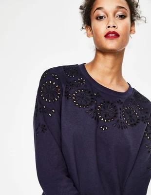 Vestido moletom Boden manga longa feminino tamanho 6 azul marinho bordado ilhós quente  - Imagem 1 de 4