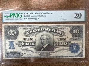 NobleSpirit US Large Size $10 1908 Silver Certificate Fr. 303 PMG 20 Very Fine - Picture 1 of 2