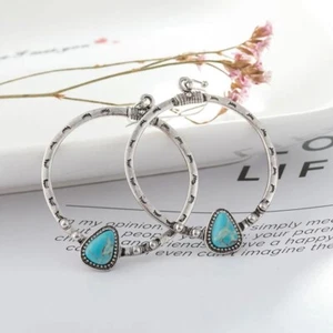 NEW Turquoise Silver Dangle Hoop Earrings Western Southwestern Cowgirl Ranch Rod - Picture 1 of 7