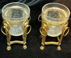 2 Vintage Brass Lion Head Candle Holder W/ Crackle Glass Insert By Norehn Home - Picture 1 of 6