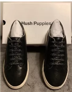 NEW HUSH PUPPIES Manda Black Leather Sneakers Shoes NIB 8 Black Silver Laces - Picture 1 of 10